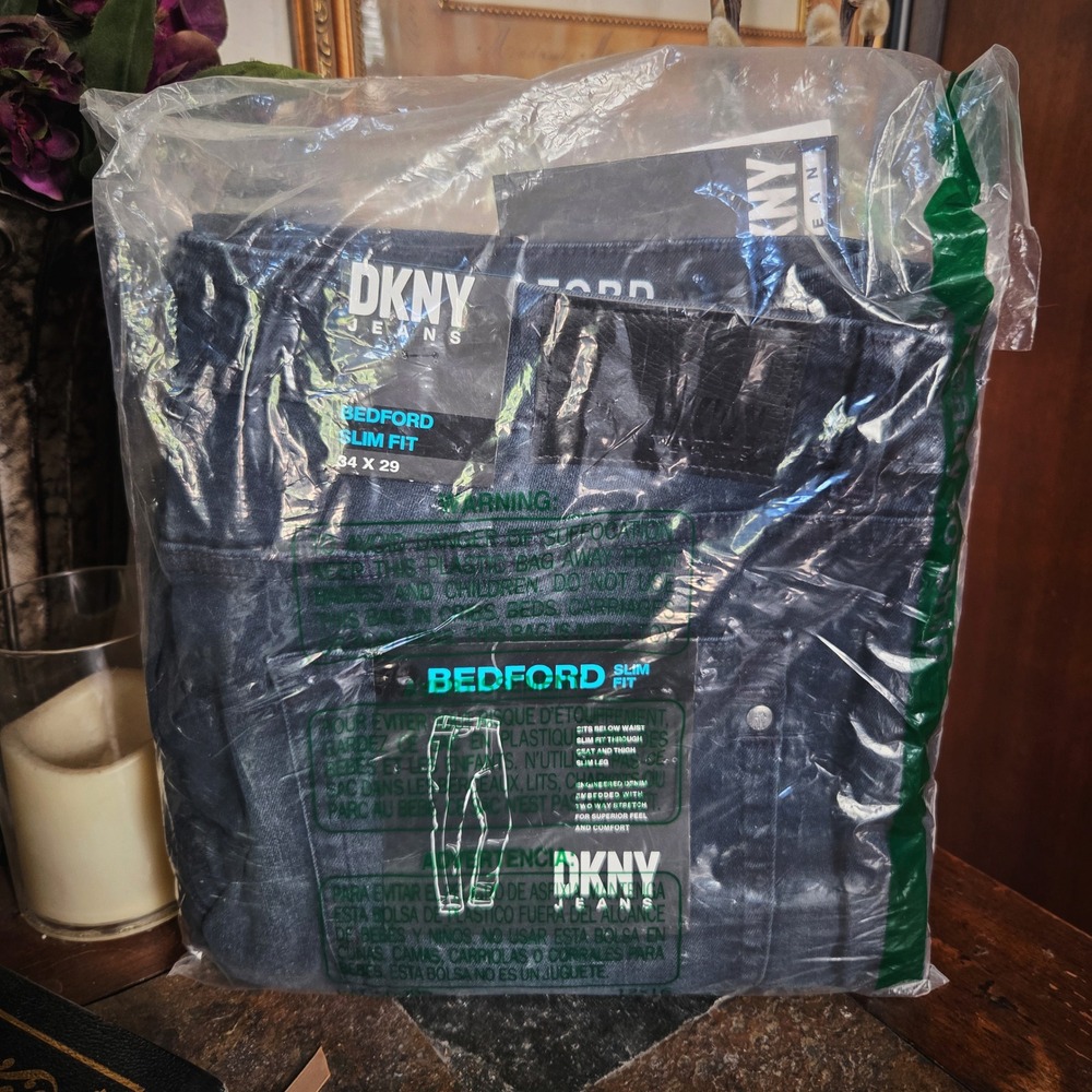 DKNY Jeans Bedford Slim Fit Mens 34x29 Blue Black Stretch Denim Pants New NIP